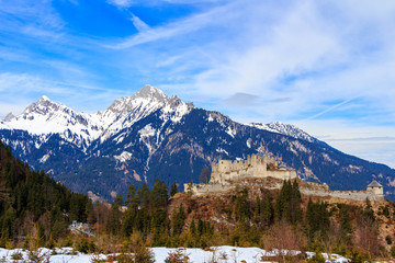 Landscape view of Alps with Highline 179 bridge and Ehrenberg Ruins. Reutte, Tyrol, Austria.