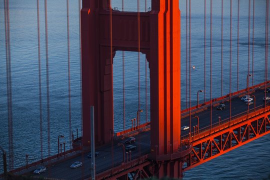 High angle detail of Golden Gate bridge and traffic, San Francisco, California, USA