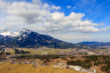 Landscape view to town Reutte in Austria with alps in the background. Tyrol, Austria.