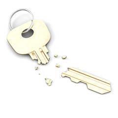 Broken key from lock isolated on white background. 3d rendering. 