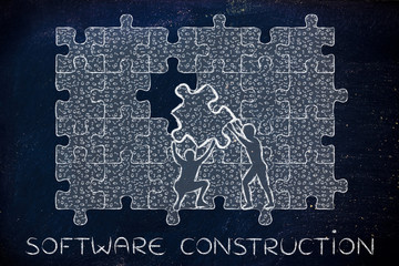 filling a gap with puzzle piece of binary code, software constru