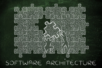 filling a gap with puzzle piece of binary code, software archite