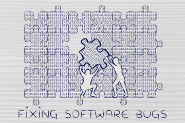 filling a gap with puzzle piece of binary code, fixing software