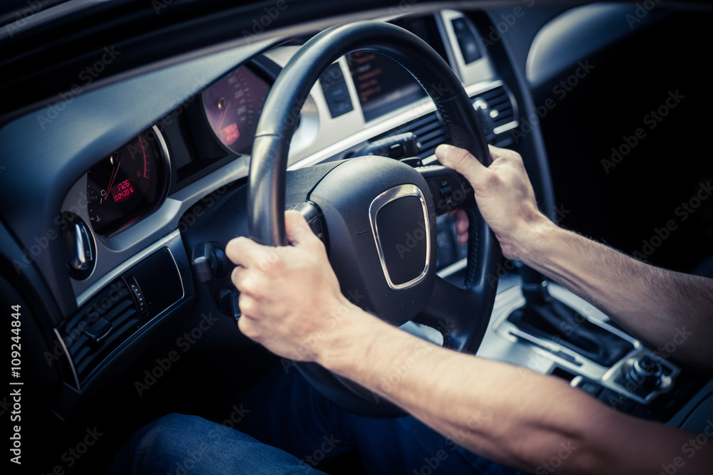 Wall mural Hands on steering wheel