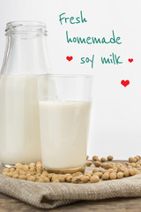 Bottle and glass of soy milk with text