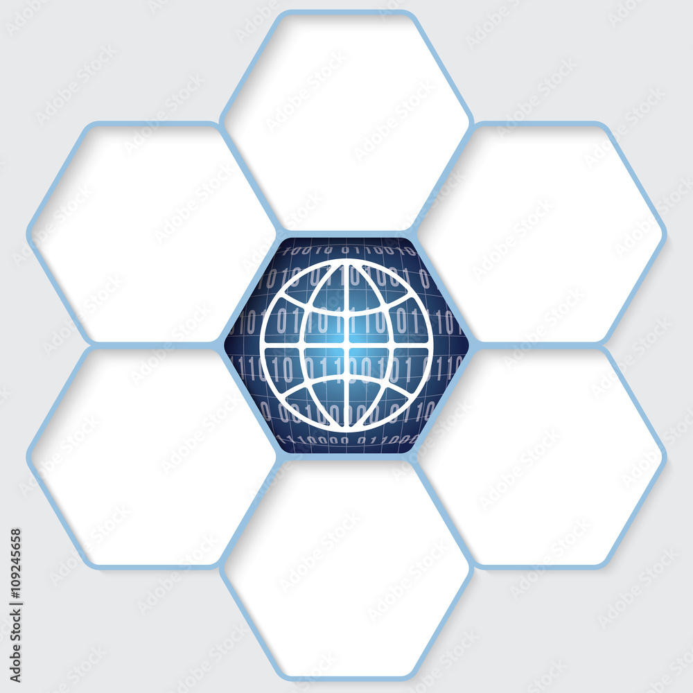 Aufkleber set of five hexagons for your text and a globe icon
