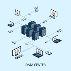 Data isometric set with data center and network elements vector 