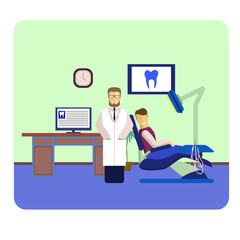 Flat colorful dentist, patient and dental tools.Vector illustrat