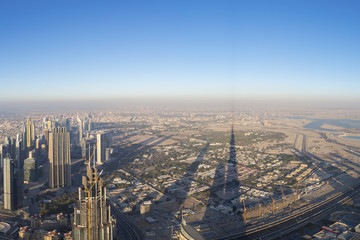 Aerial view of downtown in Dubai with blue sky