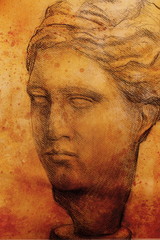 Fototapeta na wymiar Hand drawn woman head, Gypsum bust drawn. Rome Empire woman.