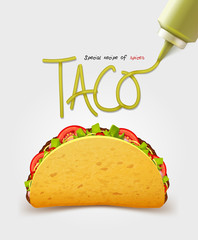 Vector Mexican taco with meat. Realistic inscription sauce. Isolated - obrazy, fototapety, plakaty