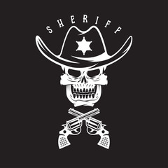 Fototapeta premium label of sheriff skull in hat and guns