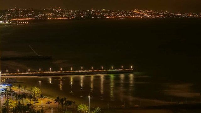 Republic of South Africa. Durban, KwaZulu-Natal. The Golden Mile - Durban's Beachfront Promenade by night. Timelapse Full HD Video
