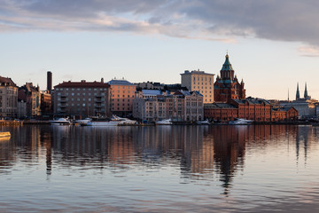 Fototapeta na wymiar Helsinki Skyline, Uspenski Cathedral and Yacht Marina in the Eve