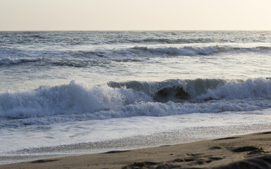 Pacific ocean is clear day. Beach landscape in the USA with the blue sea, Santa Monica. 