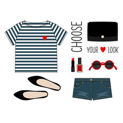 Fashion Illustration. Summer outfit. Woman modern clothing flat set. Stylish and trendy clothing. Relaxed look with shorts, t-shirt, shoes, bag and accessories. - 109254822