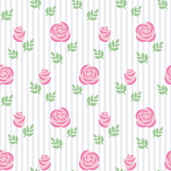 Seamless wallpaper pink roses with leaves on striped background. Floral seamless pattern. Design for fabric and decor. Vector decorative illustration.