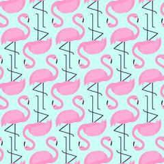Flamingo seamless pattern on mint green background. Pink flamingo vector background. Design for fabric and decor. Tropical birds illustration. - 109255068