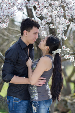 Attractive couple in blossoming park