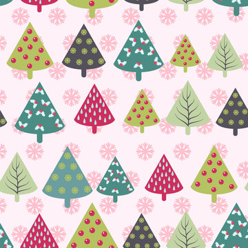seamless Christmas pattern - Xmas trees and snowflakes © margolana