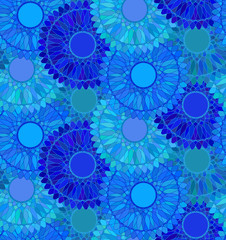 Seamless pattern with blue round ornament. Mandala background. Guilloche design line art