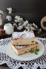 Cheesecake, cottage cheese pudding with fresh lemon.