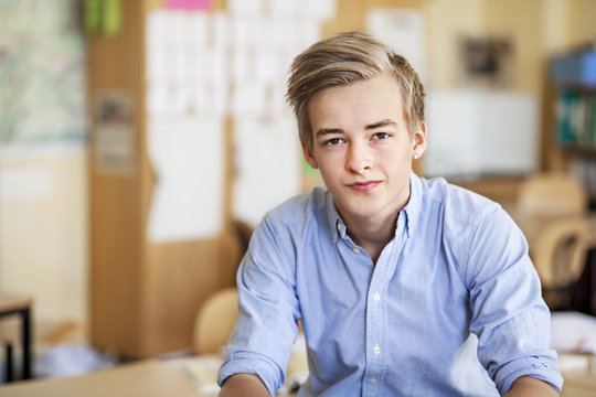 Portrait of teenage boy sitting in classroom