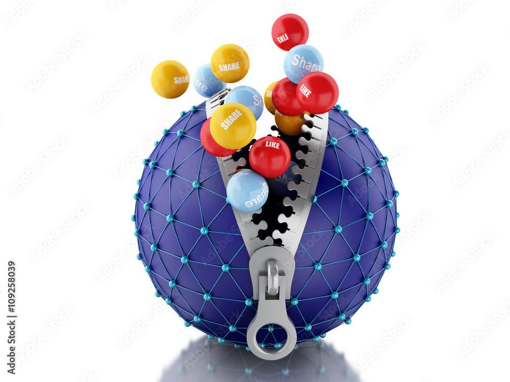 Poster 3d network globe with zipper. network communications concept.