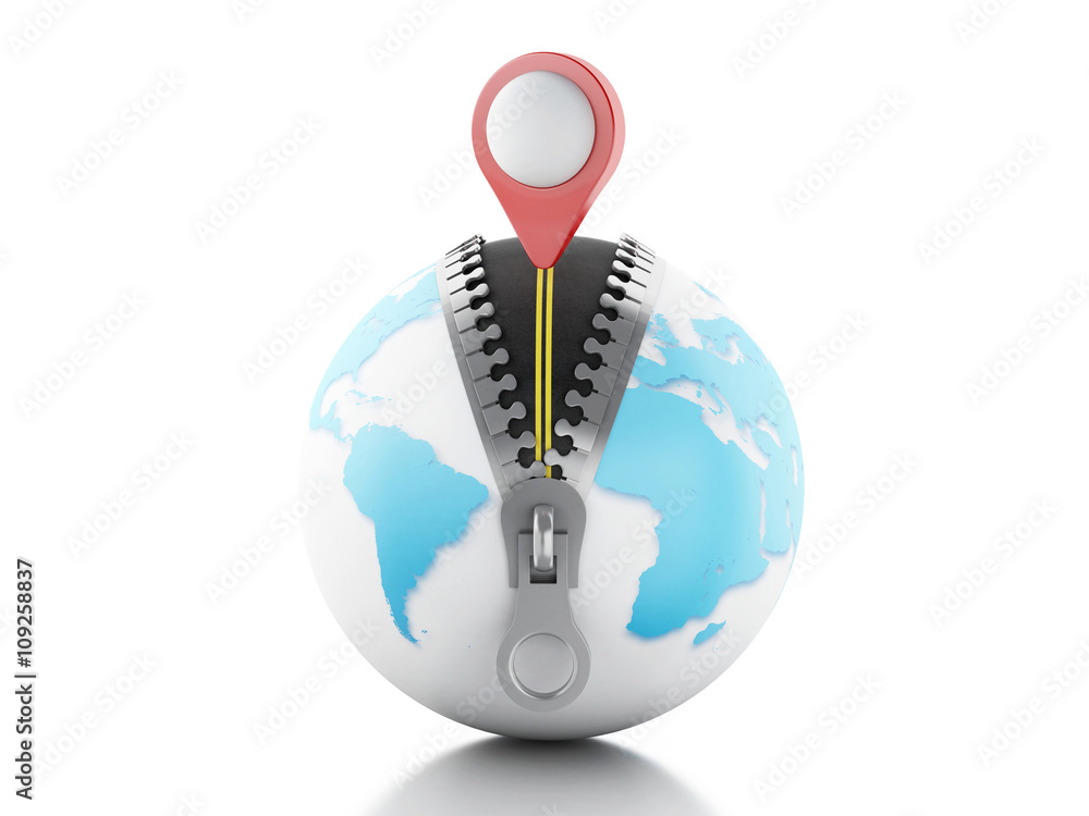 Aufkleber 3d globe with zipper open and a map pointer on top