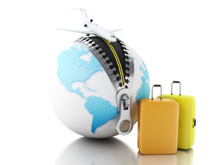 3d globe ball with zipper, airplane and suitcases