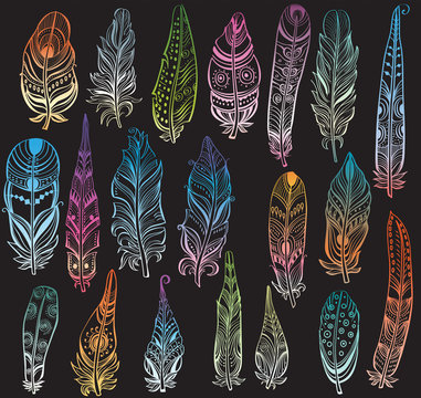 Set of color feathers in native style