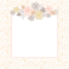 Flower square card template vector. Mums, roses and succulents wedding invitation or greeting card top design. Cream pink and beige violet flower decor.
