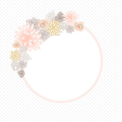 Flower round circle card template vector. Mums, roses and succulents wedding invitation or greeting card design. Cream pink and beige violet flower decor.