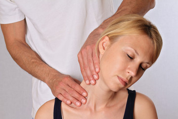 Fototapeta na wymiar Chiropractic, osteopathy, dorsal manipulation. Therapist doing healing treatment otreatment on woman's neck . Alternative medicine, pain relief concept
