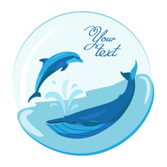 Jumping dolphin and swimming whale on marine roundish vector background