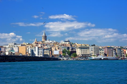 Classic Istanbul ferryboat and galata bridge and galata tower -Karakoy