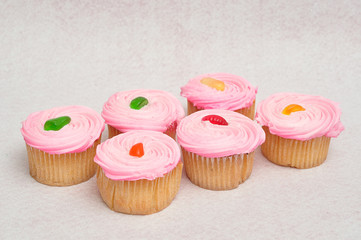 Pink cupcakes displayed on a white background