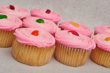 Pink cupcakes displayed on a white background