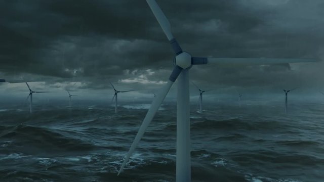 Wind Turbines In The Stormy Sea. (Loop)