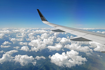 Fototapeta na wymiar aircraft wing flying over beautiful clouds