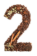 Number 2 from coffee beans and species isolated on white background