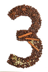 Number 3 from coffee beans and species isolated on white background