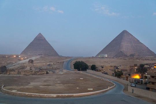 Road to the Great Giza Sphinx and pyramids at dawn.
