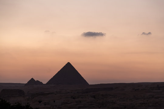 The Great Pyramid of Giza at sunset.