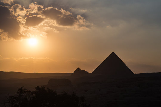 The Great Pyramid of Giza at sunset.