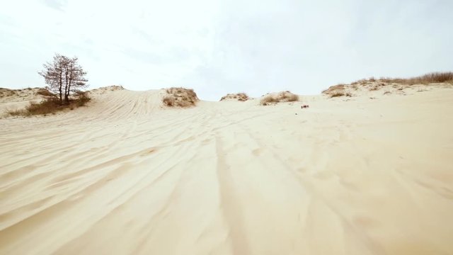 Family spending time together and having fun in Oleshky sands.Ukraine. Slow motion