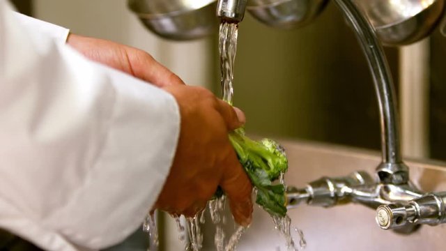 Chef washing broccoli