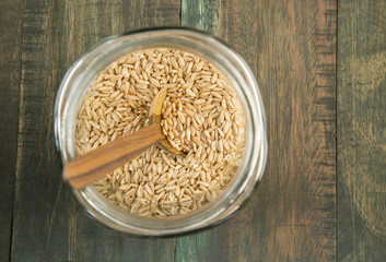 Oat seeds in a glass jar on wooden background