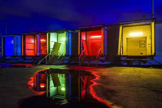 Colorful illuminated buildings at night