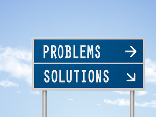 3d illustration road sign with problems and solutions
